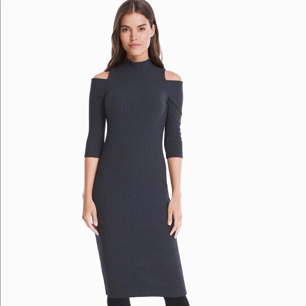 3/4-Sleeve Cold-Shoulder Mock Neck Ribbed Sheath 👗 Dress